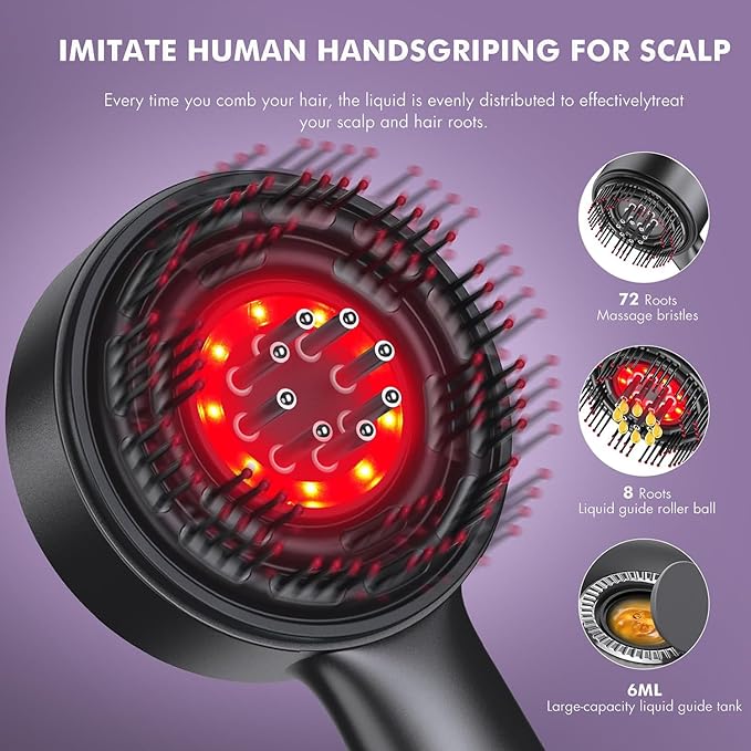 Scalp Massager Red Light,2-in 1 Hair Oil Applicator Massage Comb | Red Light Massage Scalp Brush | for Women Home Apartment Dorm Travel - مدلك فروة الرأس بالضوء الأحمر – مشط تدليك وتوزيع زيت الشعر 2 في 1