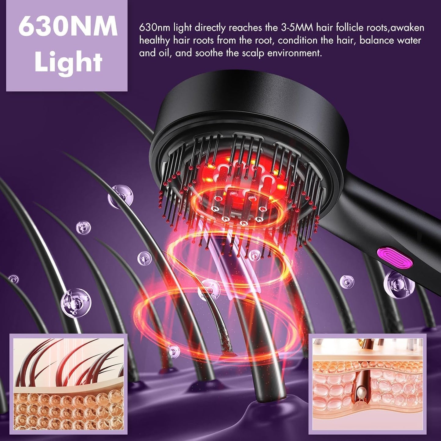 Scalp Massager Red Light,2-in 1 Hair Oil Applicator Massage Comb | Red Light Massage Scalp Brush | for Women Home Apartment Dorm Travel - مدلك فروة الرأس بالضوء الأحمر – مشط تدليك وتوزيع زيت الشعر 2 في 1