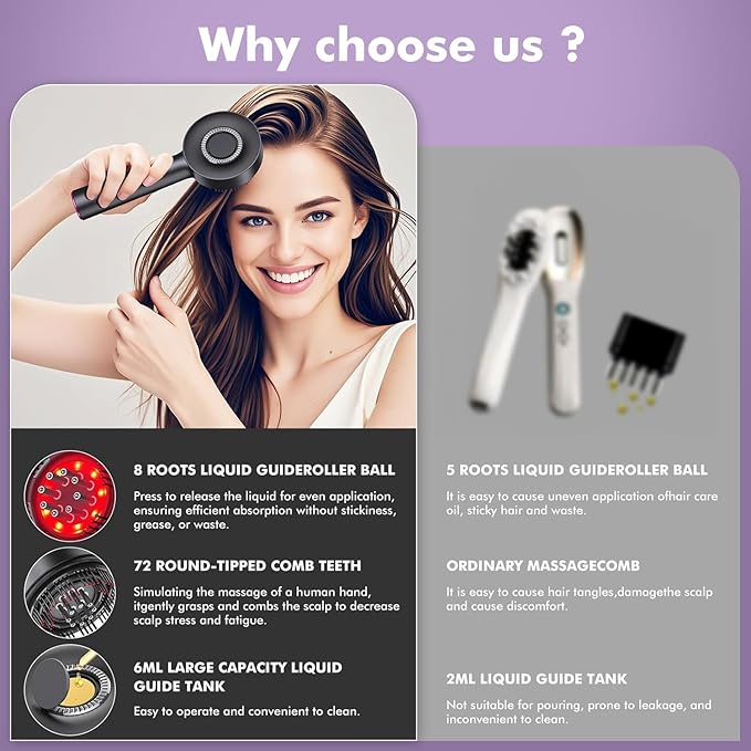 Scalp Massager Red Light,2-in 1 Hair Oil Applicator Massage Comb | Red Light Massage Scalp Brush | for Women Home Apartment Dorm Travel - مدلك فروة الرأس بالضوء الأحمر – مشط تدليك وتوزيع زيت الشعر 2 في 1